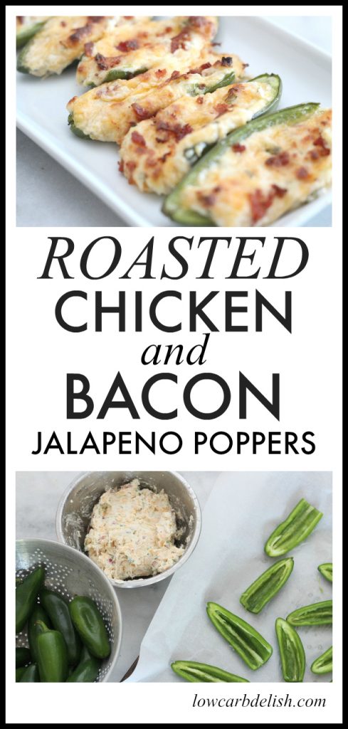 You are going to love this recipe for roasted chicken and bacon jalapeño poppers! These are perfect low carb/keto appetizers and they taste amazing. #lowcarbrecipes #chicken #jalapenopoppers #ketorecipes
