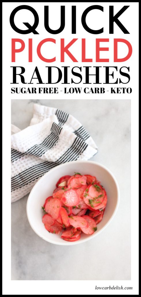 Radishes are a very low carb vegetable and these quick pickled radishes are perfect for summer snacking. Try them on a burger or pork, or just eat them out of the jar! #keto #sugarfree #lowcarb #lowcarbsnacks