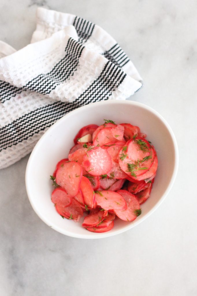 Radishes are a very low carb vegetable and these quick pickled radishes are perfect for summer snacking. Try them on a burger or pork, or just eat them out of the jar! #keto #sugarfree #lowcarb #lowcarbsnacks
