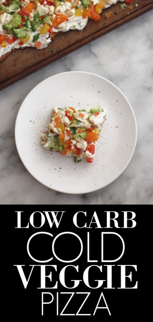 Looking for a yummy but low carb appetizer? Look no further! This low carb cold veggie pizza recipe is a healthier take on a traditional carb laden recipe! #lowcarb #keto #vegetables #fathead #lowcarbappetizer #cauliflower #broccoli #bellpeppers #ranch low carb cold veggie ranch pizza