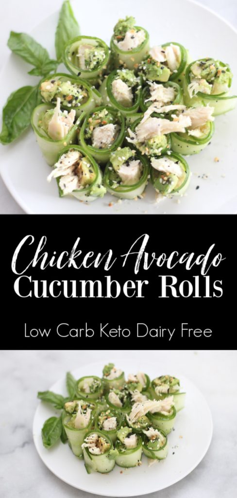 These low carb chicken avocado cucumber rolls are bite size bursts of flavor and are perfect for an appetizer or for lunch. chicken avocado cucumber roll lowcarb keto