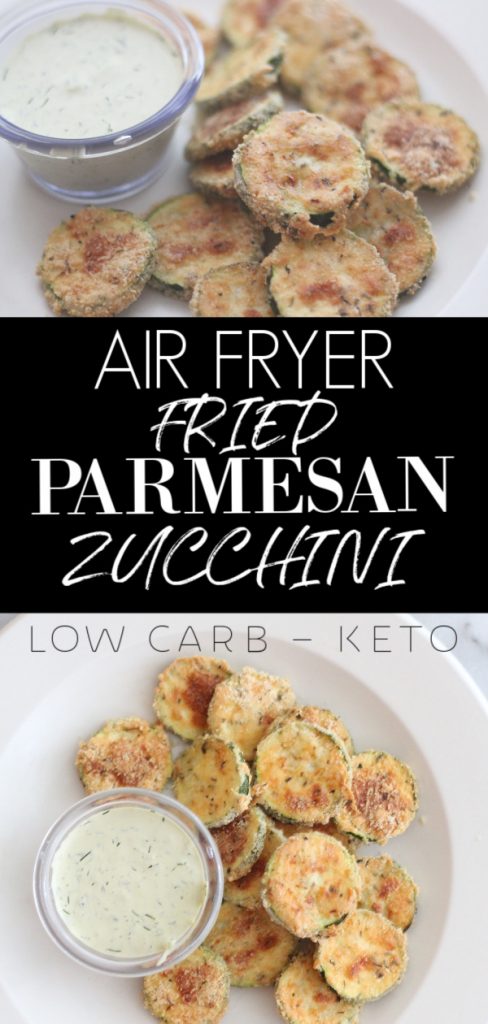 Air fryer fried parmesan zucchini. Fun appetizer and fun to make! #lowcarb #keto #ketoairfryer #friedzucchini