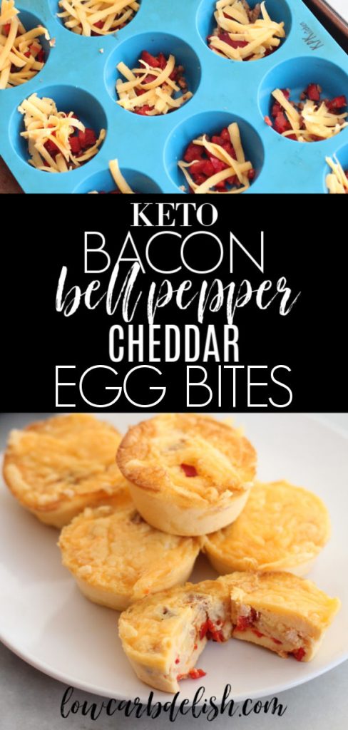 These keto bacon, bell pepper and cheddar eggs bites are great for breakfast or a post workout snack. Only one carb per egg bite!