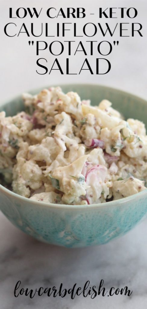 Swap lightly roasted cauliflower for the potatoes makes the base for this delicious keto cauliflower "potato" salad. #ketorecipes #lowcarbrecipes #ketopotatosalad #cauliflowersalad #