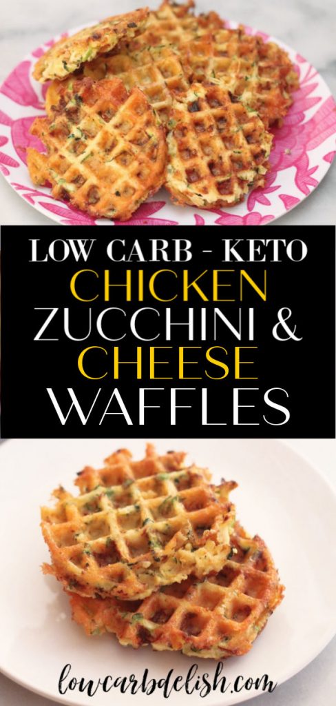 This recipe for chicken, zucchini and cheese waffles is great for meal prepping and a tasty, keto alternative to traditional waffles. #lowcarbdelish #ketorecipes #ketowaffles #savorywaffles #chicken #ketodinnet #ketotogo