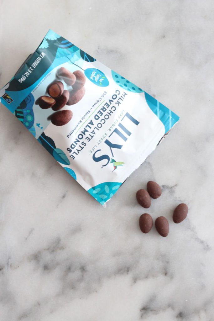 Lily's milk chocolate covered almonds; best tasting keto snacks.
