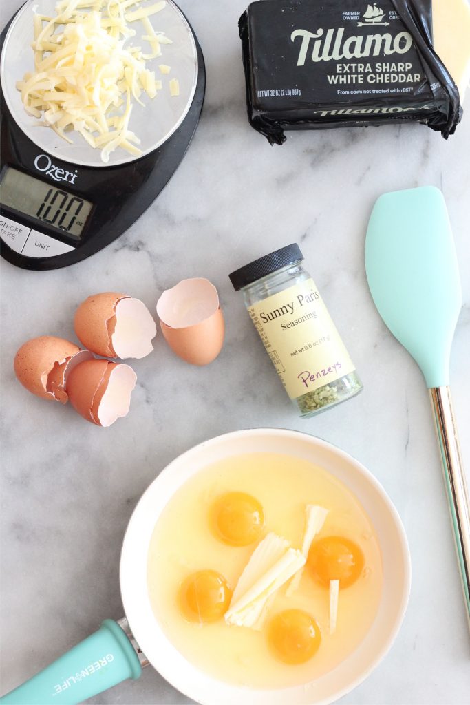 Tillamook cheese, Penzey's Sunny Paris Seasoning, Eggs, butter spatul